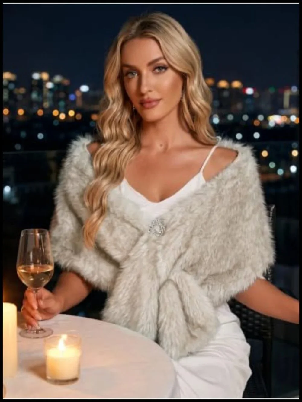 Faux Fur Shawl Wrap with Rhinestone Brooch Clasp, Wedding Winter Cape Stole,